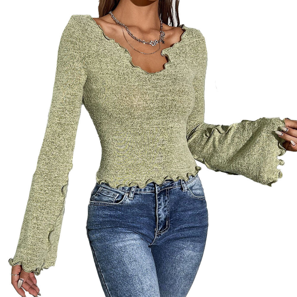 Women's Frayed Design Short Flare Sleeve Top