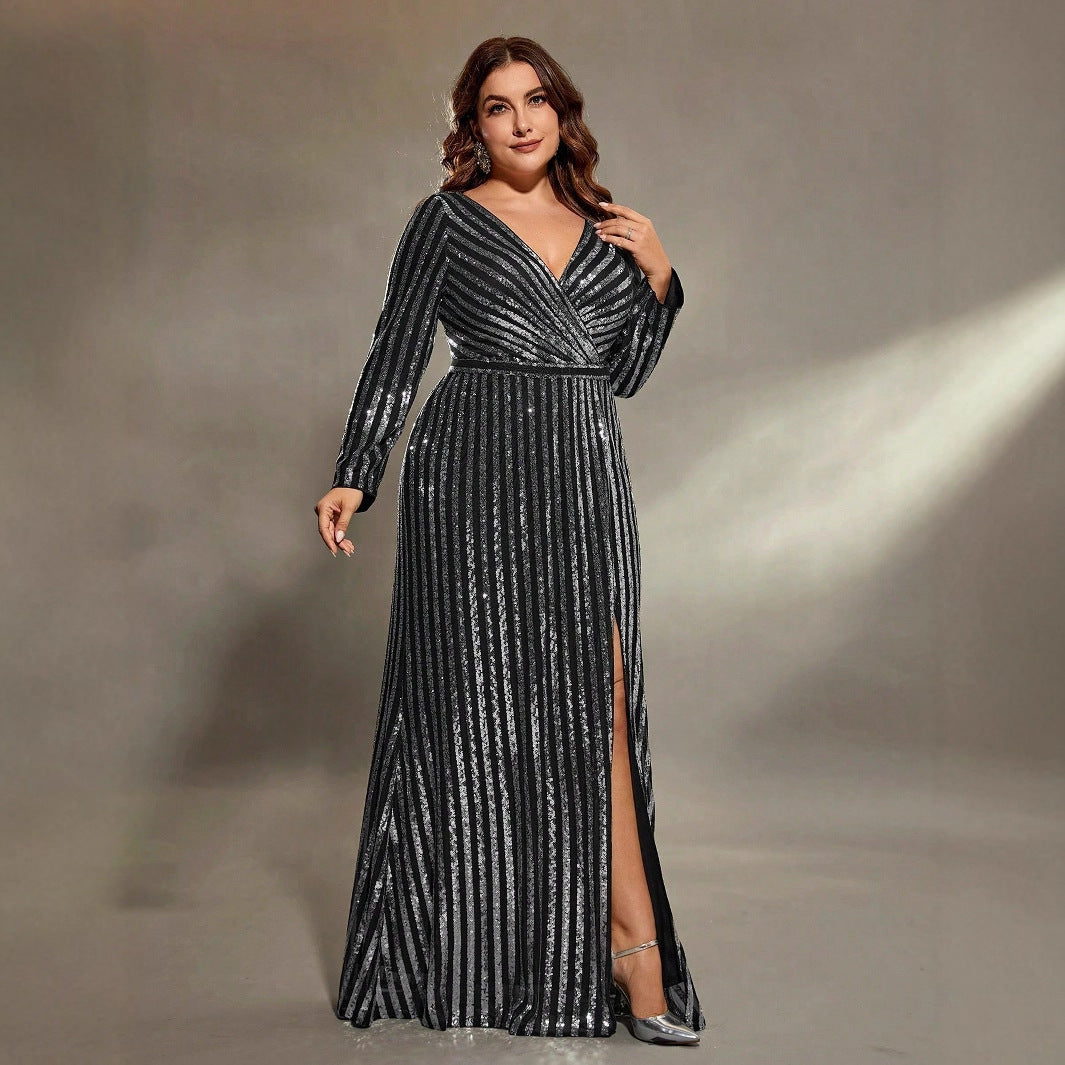Long Striped V-neck Evening Gown New Design