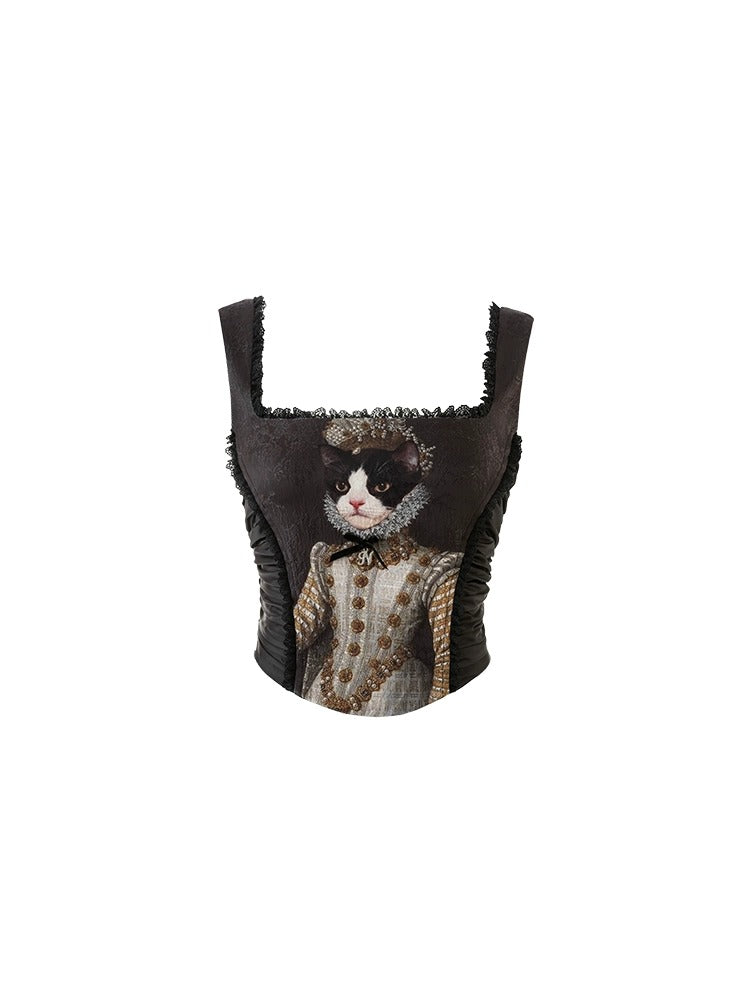 Straight Neck Waistband Bra With Hot Drill And Full Print Cat Camisole