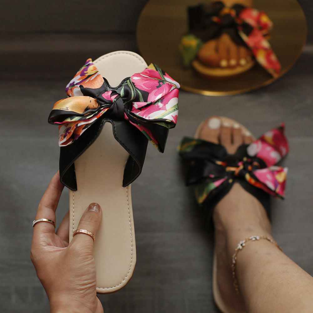 Flat-bottomed Sweet Bow Solid Color Outdoor Slippers