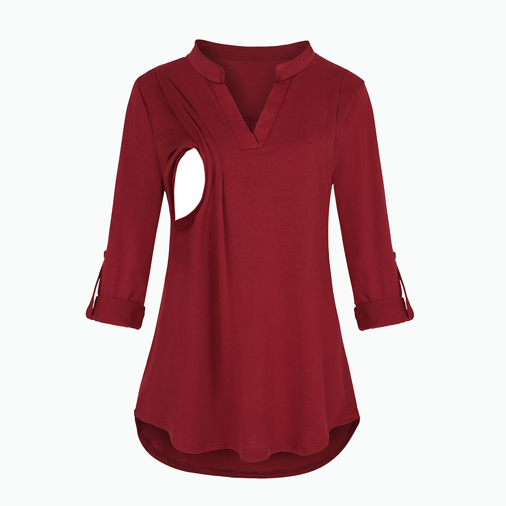 Plaid Printed Pregnant Woman Breastfeeding V-neck Long Sleeve Top
