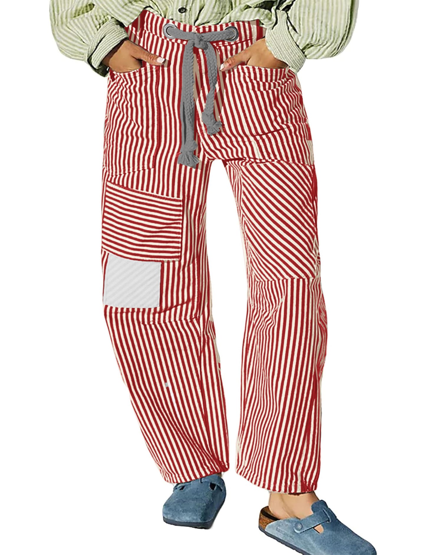 Fashion Commuter Casual Loose Wide Leg Striped Stitching Drawstring Pocket Trousers