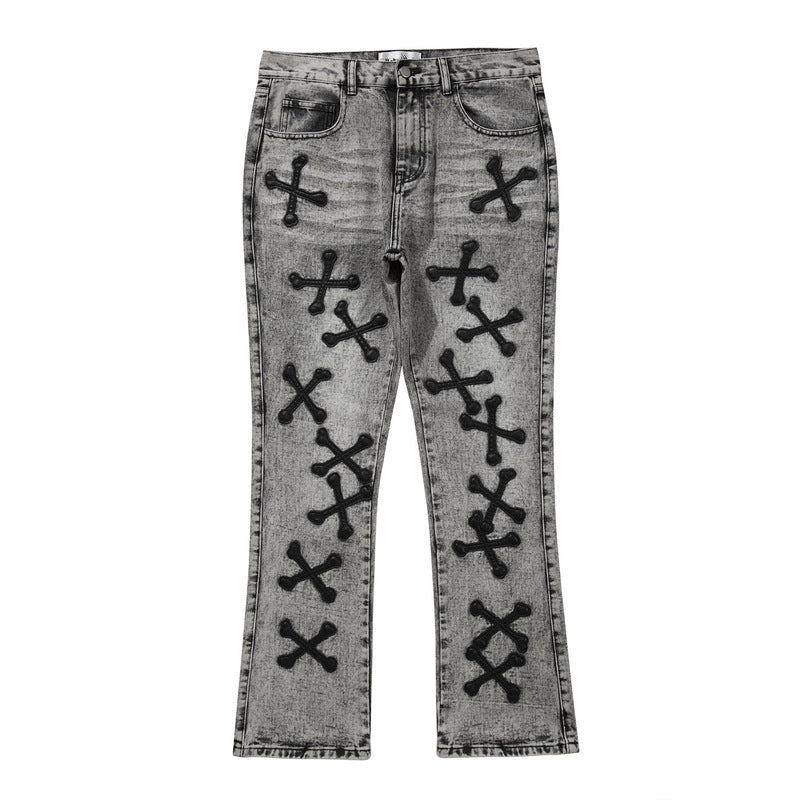 High Street Cross Bone Patch Skin Washed Gray Slim-fit Jeans