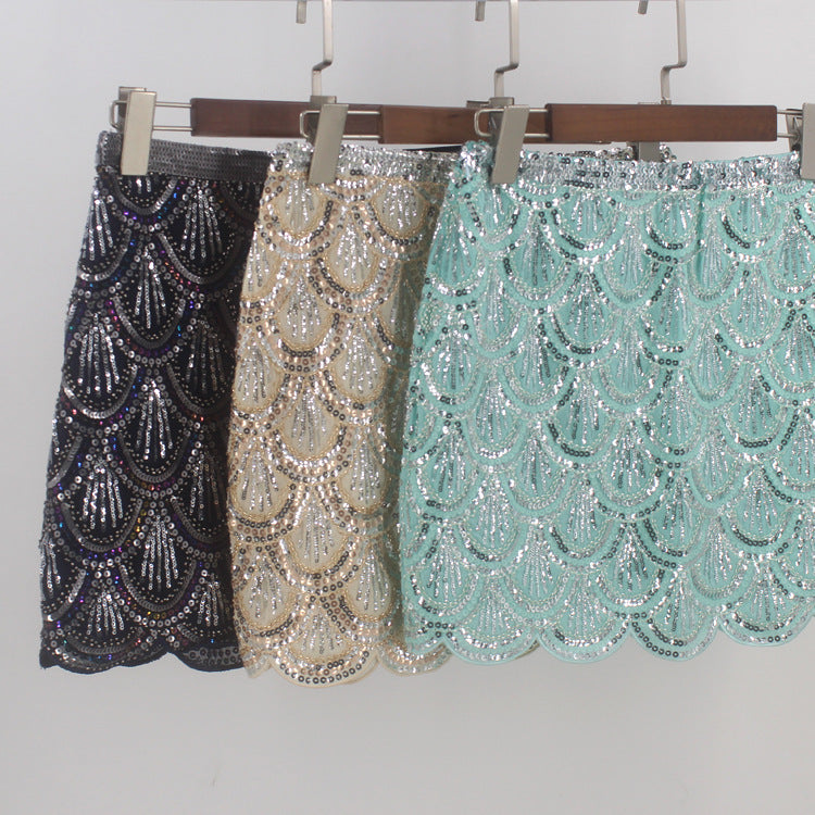 Heavy industry sequin wave edge hip hugging short skirt and half body skirt