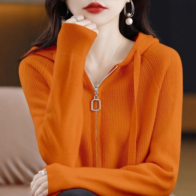 Womens Loose-Fit Zip-Up Hooded Outer Sweater