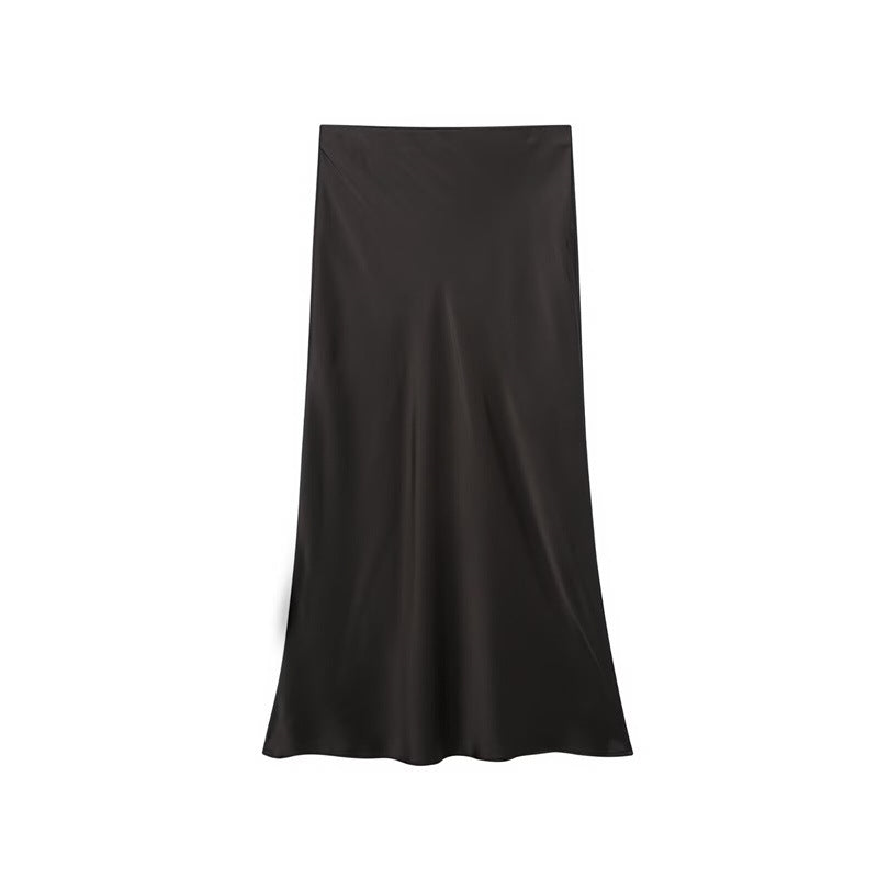 Solid Color Slim Silk Satin Texture Midi Skirt