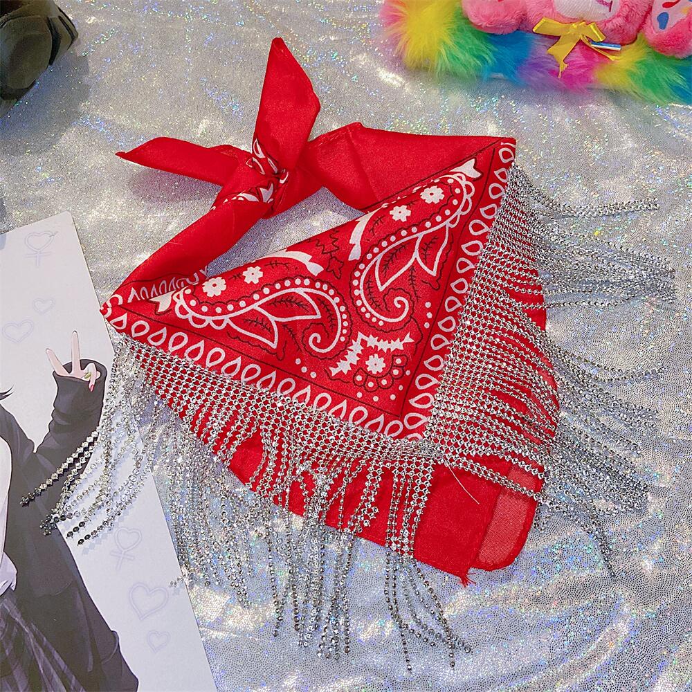 Rhinestone Chain Cashew Flower Hip Hop Square Scarf