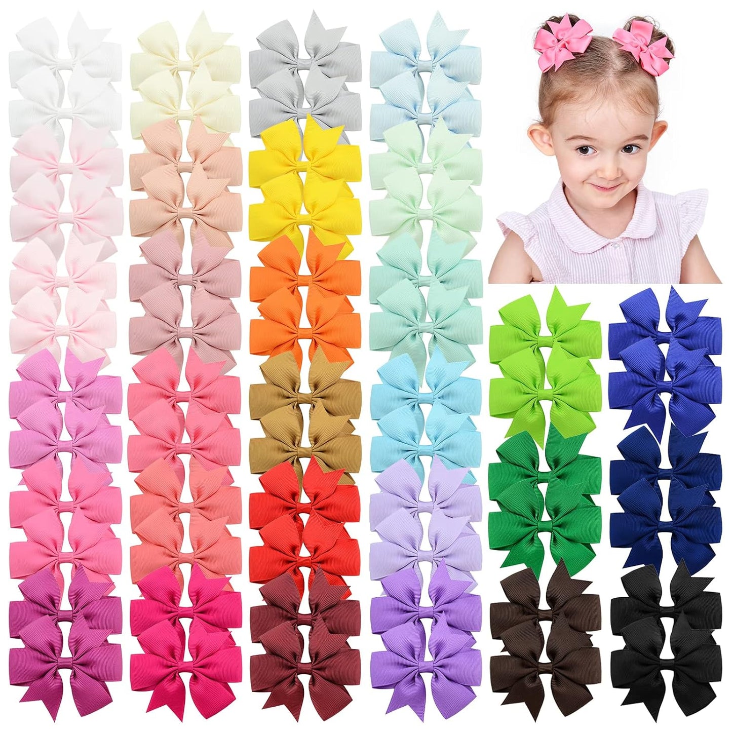 20 60pcs 3 Inches Boutique Grosgrain Ribbon Pinwheel Hair Bows For Baby Girls, Toddler Bows Hair Clip Birthday Gifts In Pair