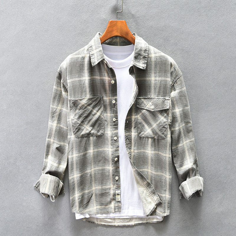 High-end Pure Cotton Trendy Plaid Long-sleeved Shirt Men's Casual Loose Shirt Thickened Coat