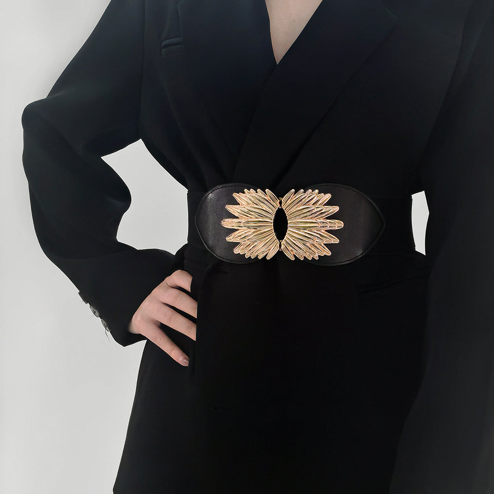 New Autumn Winter Black Elastic Waistband Sunflower Alloy Buckle Waist Cover All Match Slim Elegant Design Decorative Coat