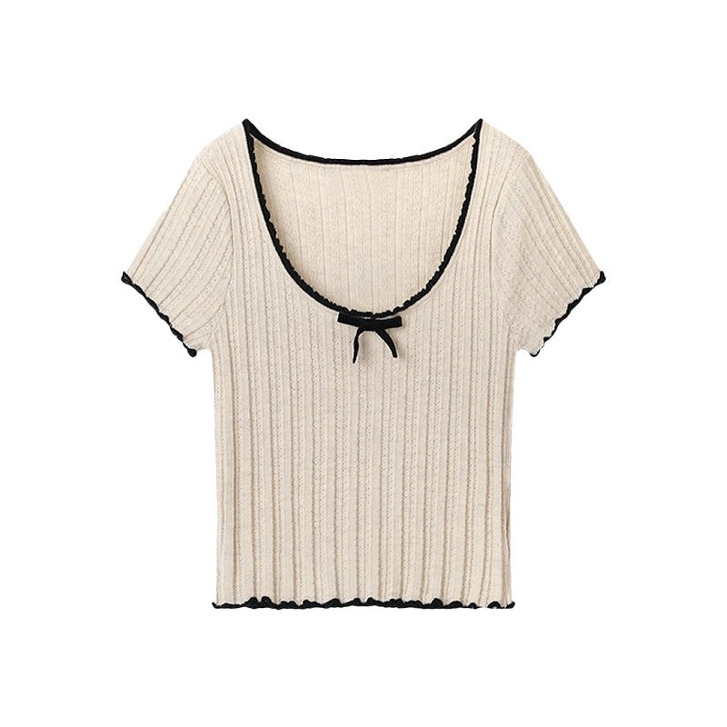 American Style Shoulder Contrast Color Lace Bow Ice Silk Knitted Short Sleeve
