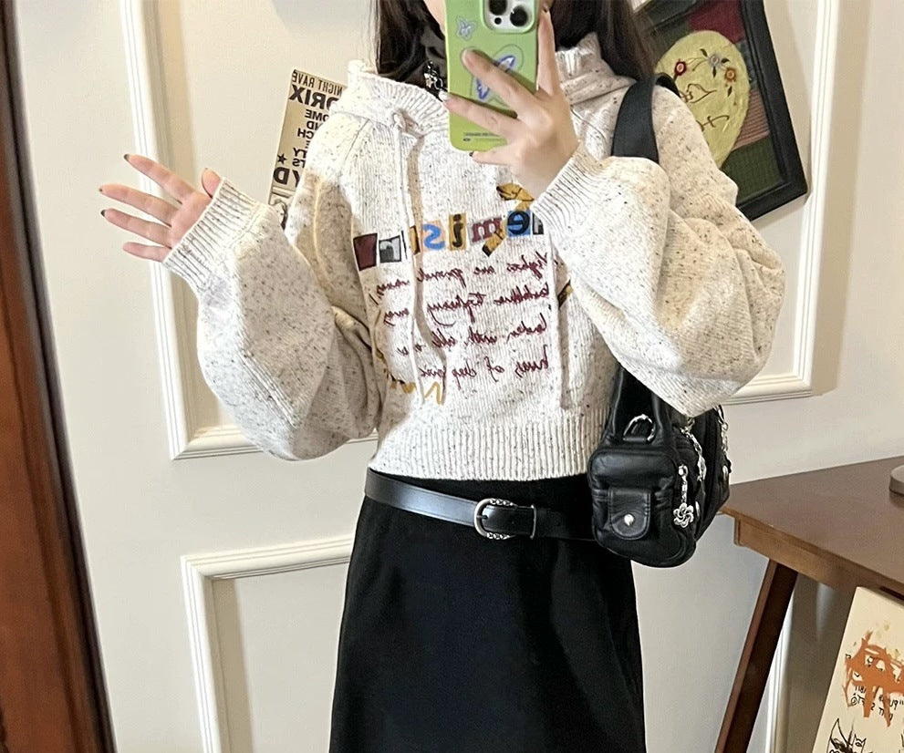 Retro Hooded Short Raglan Sleeve Coat Age-reducing Hand-painted Printed Sweater