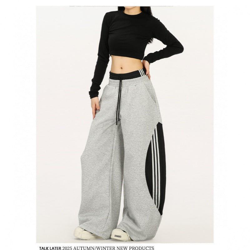 American-style Retro Faux Two-piece Striped Patchwork Jogger Pants