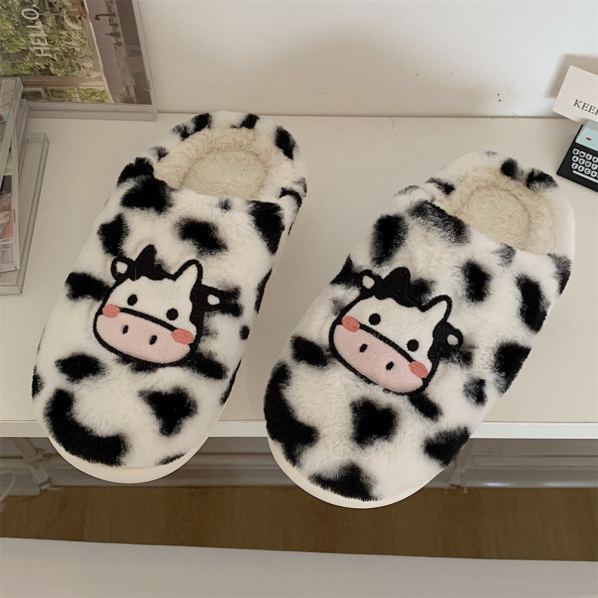 Cartoon Cow Warming Woolen Cotton Slippers Women