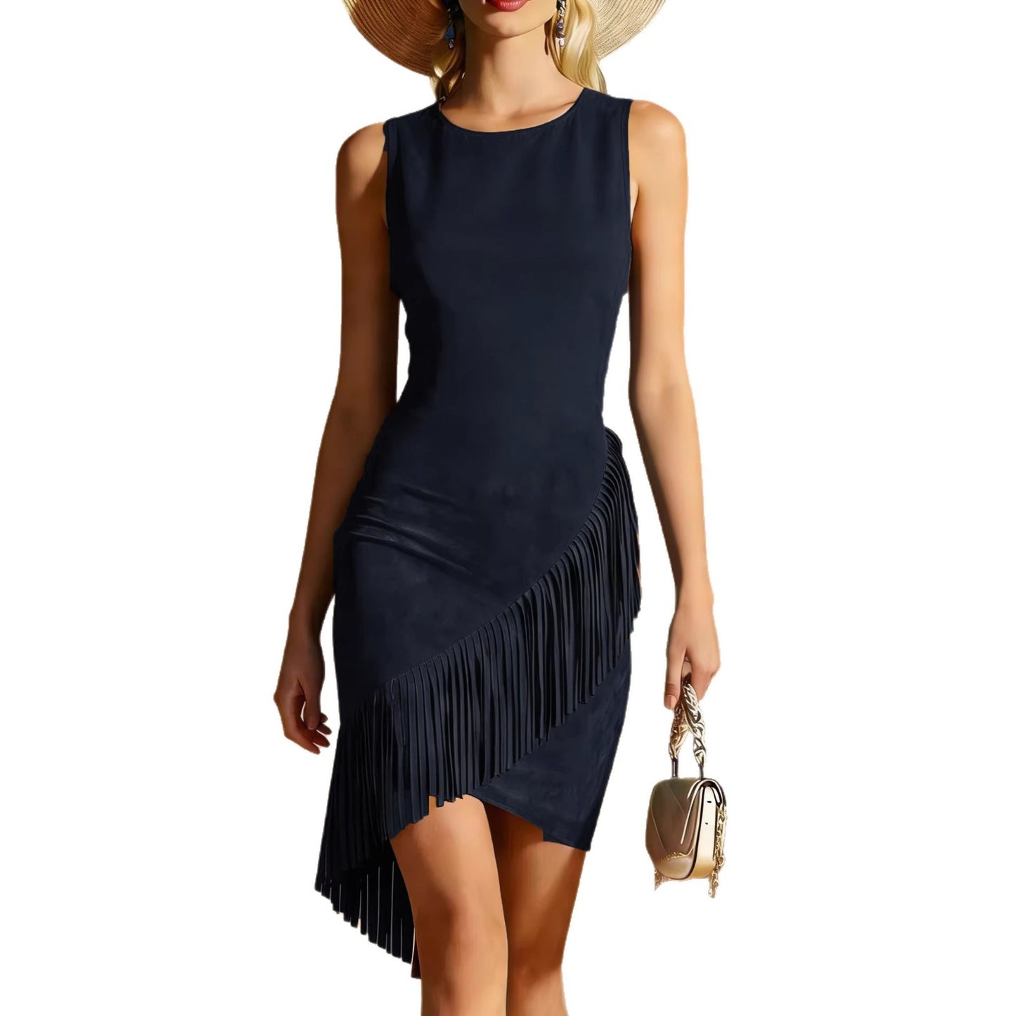 Western Wind Womens Summer Elegant Silk-Satin Texture Tasseled Hem Sleeveless Tank Dress