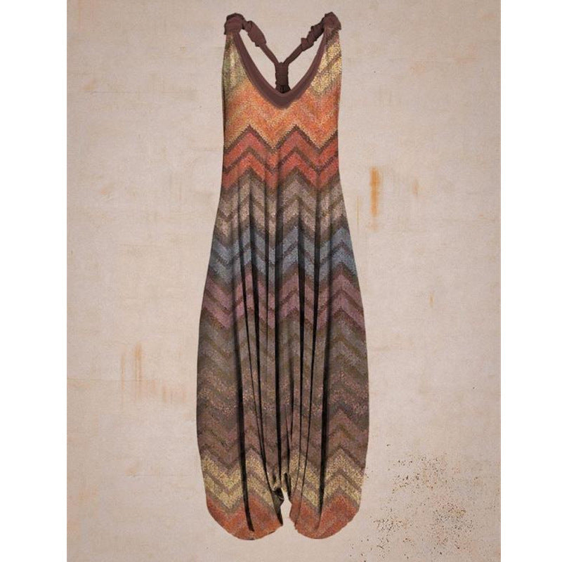 Color Block Striped Print Casual Long Sleeve Round Neck Jumpsuit