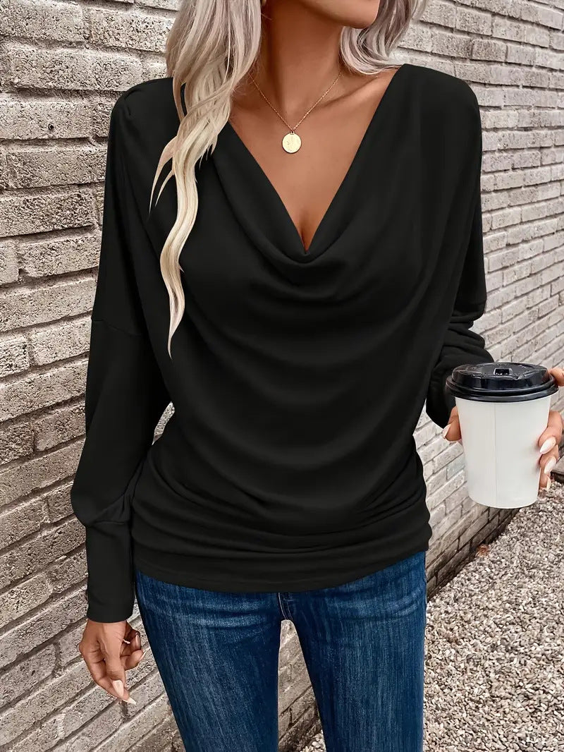 Women's V-neck Pile Collar Solid Color Knitted Long Sleeve Loose T-shirt