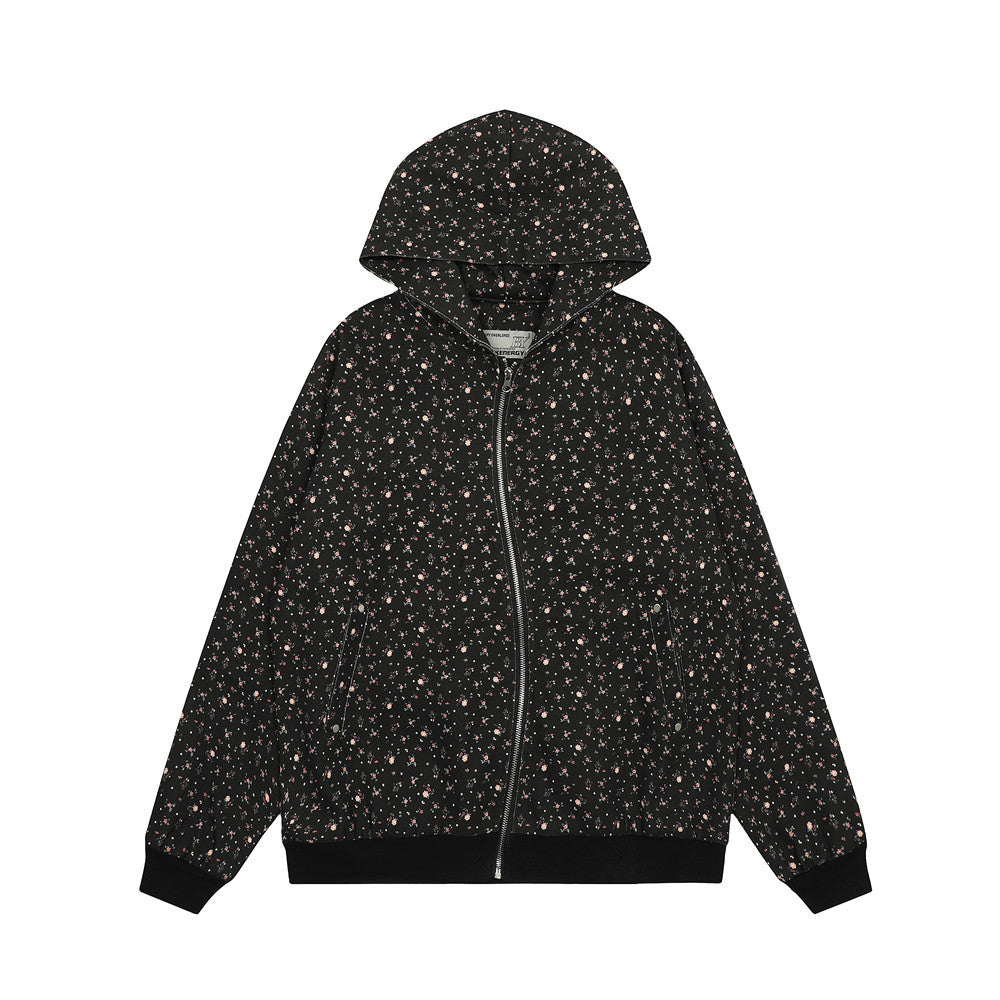 Men's Loose Floral Design Irregular Zipper Hoodie Coat