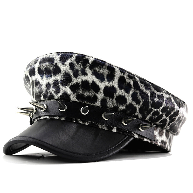 Leopard Print Leather Hat Punk Rock Beret Leather Summer And Autumn