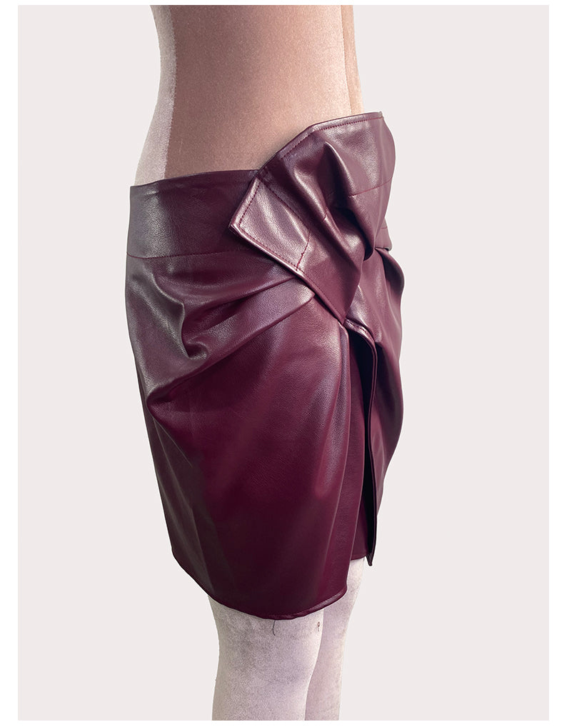 Faux Leather Cross Pleated Skirt