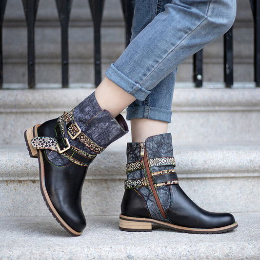 Large Size Round Toe Casual Retro Biker Flat Bottom Women's Boots
