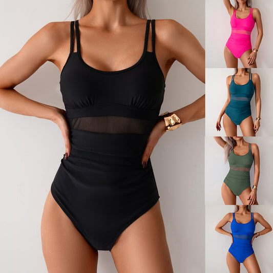 Womens One-piece Mesh-embellished Swimsuit Bikini Bodysuit