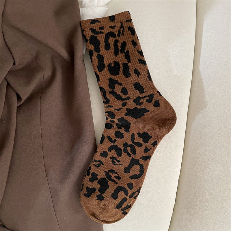 Women's Mid Tube Stockings Brown Leopard Pattern Sports Stockings