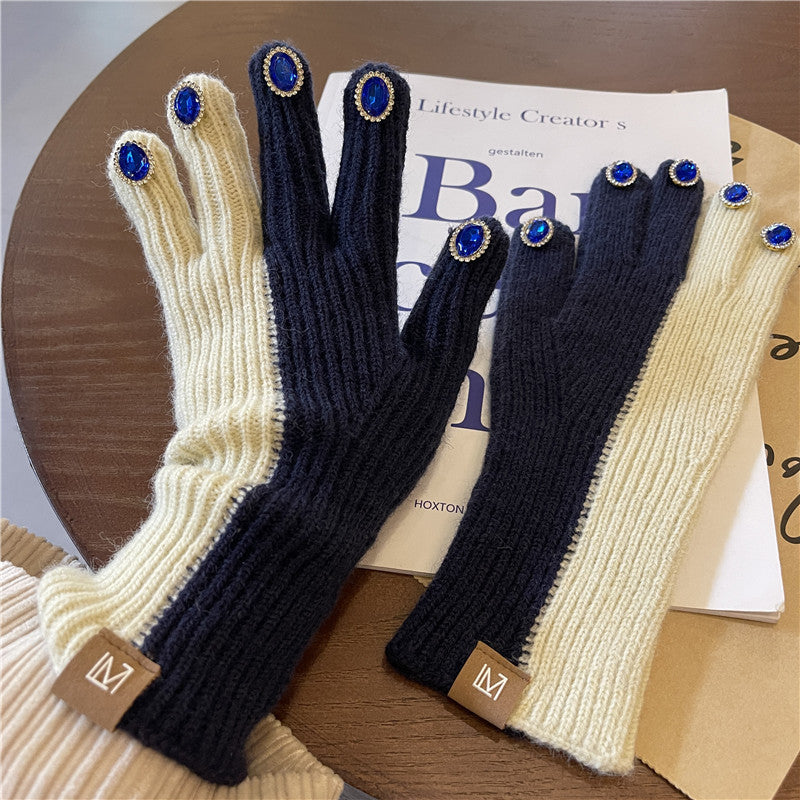 Design Sensitive Color Matching Knitted Rhinestone Gloves