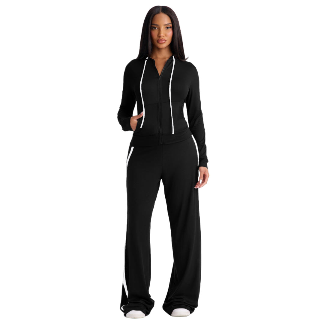 Stylish Color-Block Patchwork Two-Piece Set With A Hooded Top