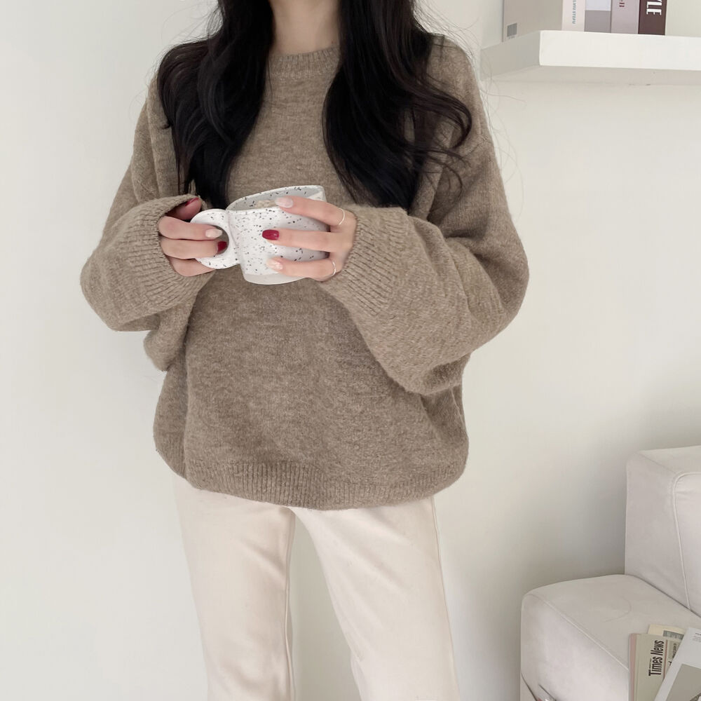 Korean Style Sweater Idle Style Casual Loose Solid Color Round Neck Sweater