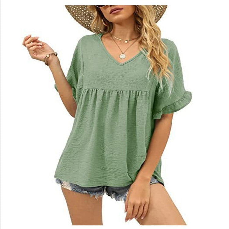 Summer Casual Ruffled Pleated T-shirt Loose Top