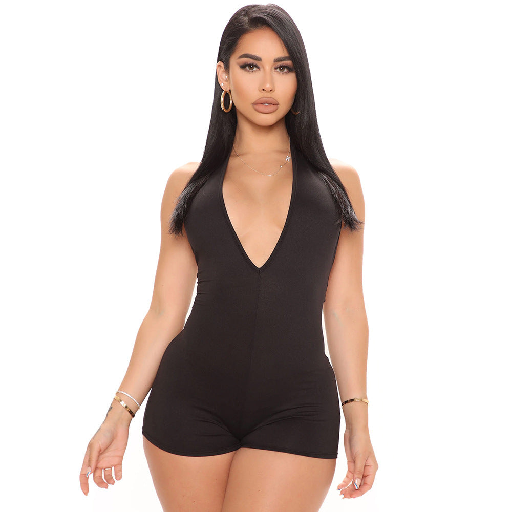 Women's Fashion V-Neck Skinny Halter Backless Jumpsuit