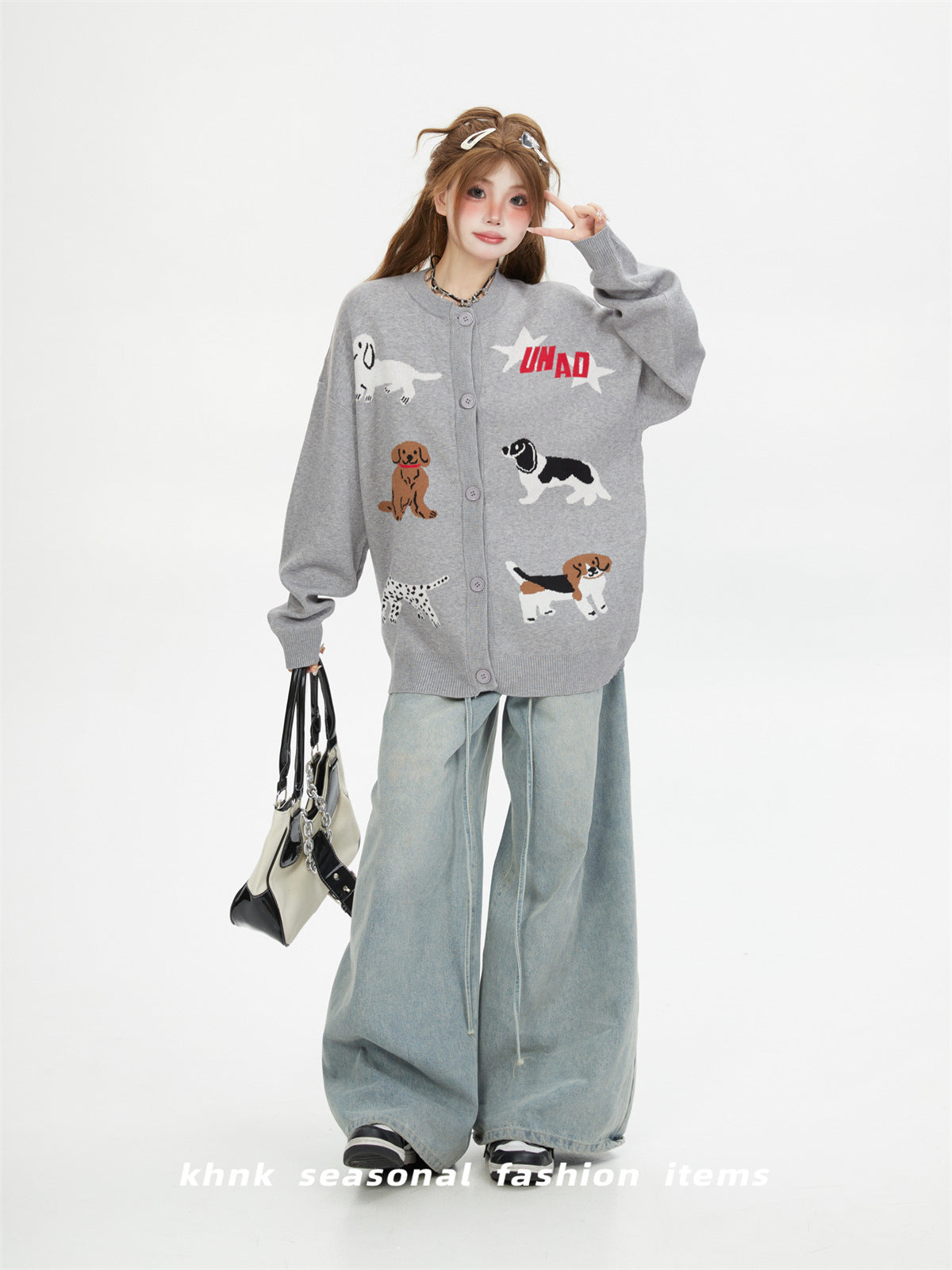Women's American-style Gray Round-collar Knitted Cardigan