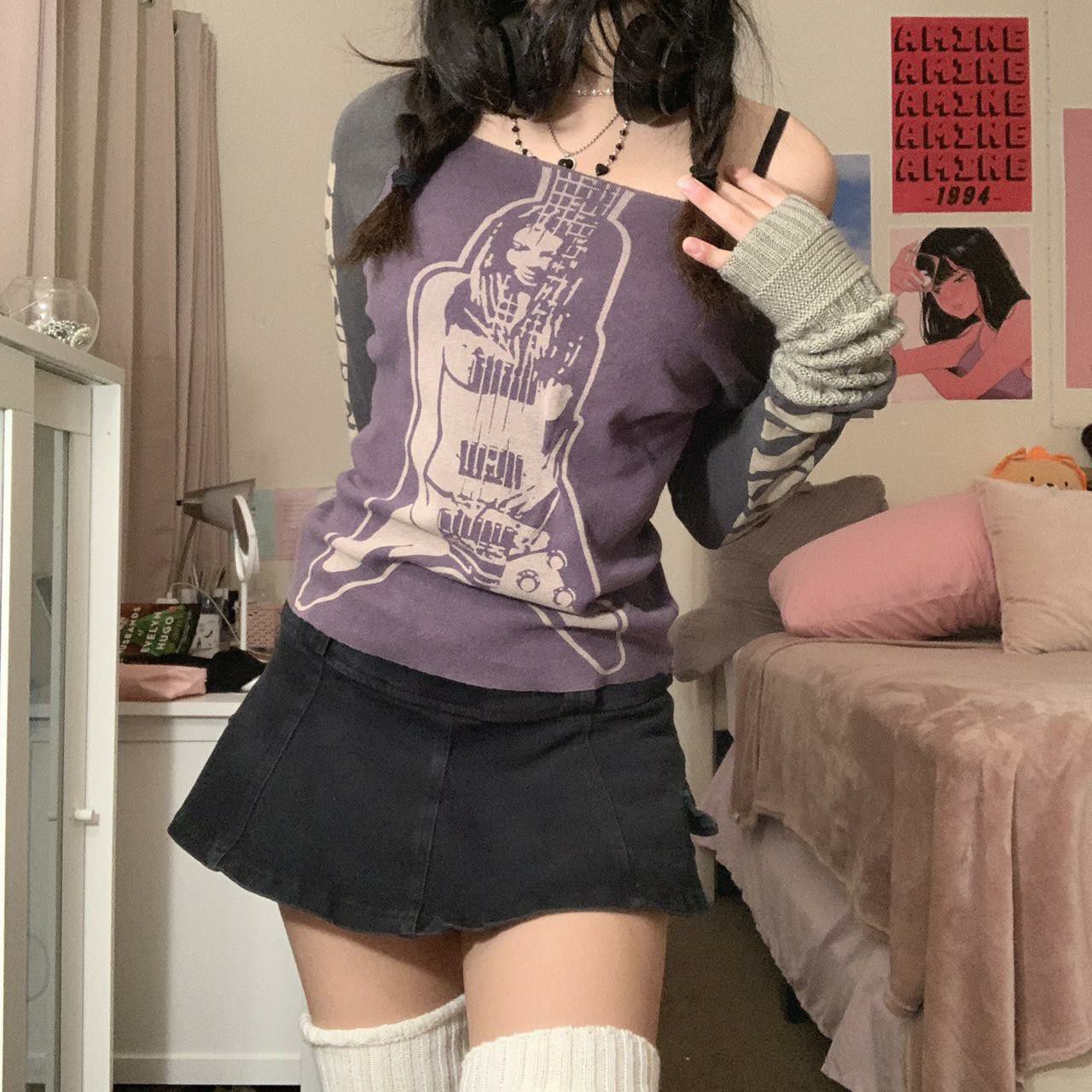 Printed Panel Off-the-shoulder Long-sleeve T-shirt
