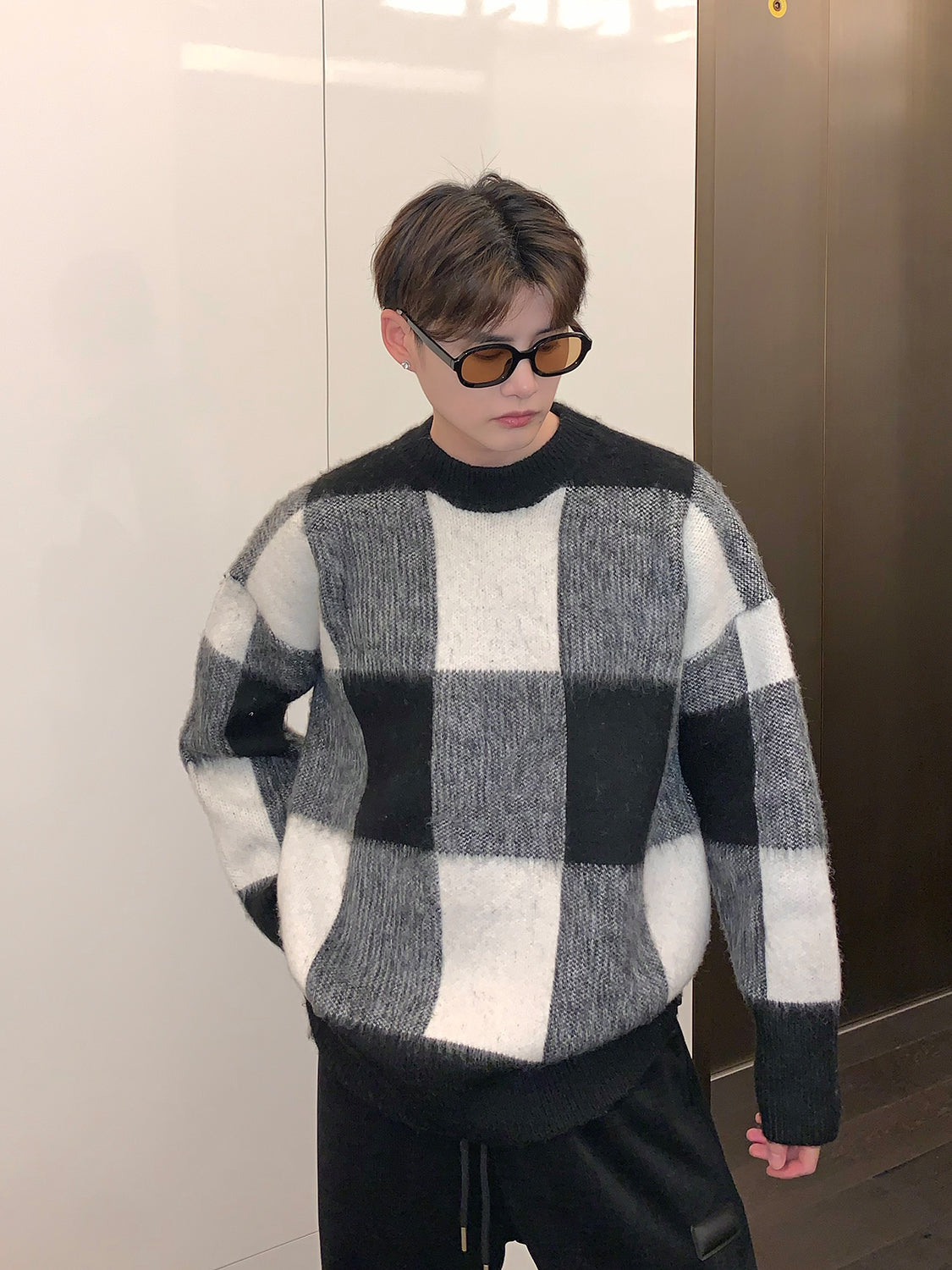 Plaid Color Contrast Crewneck Sweater Men Loose Winter Niche Fashion