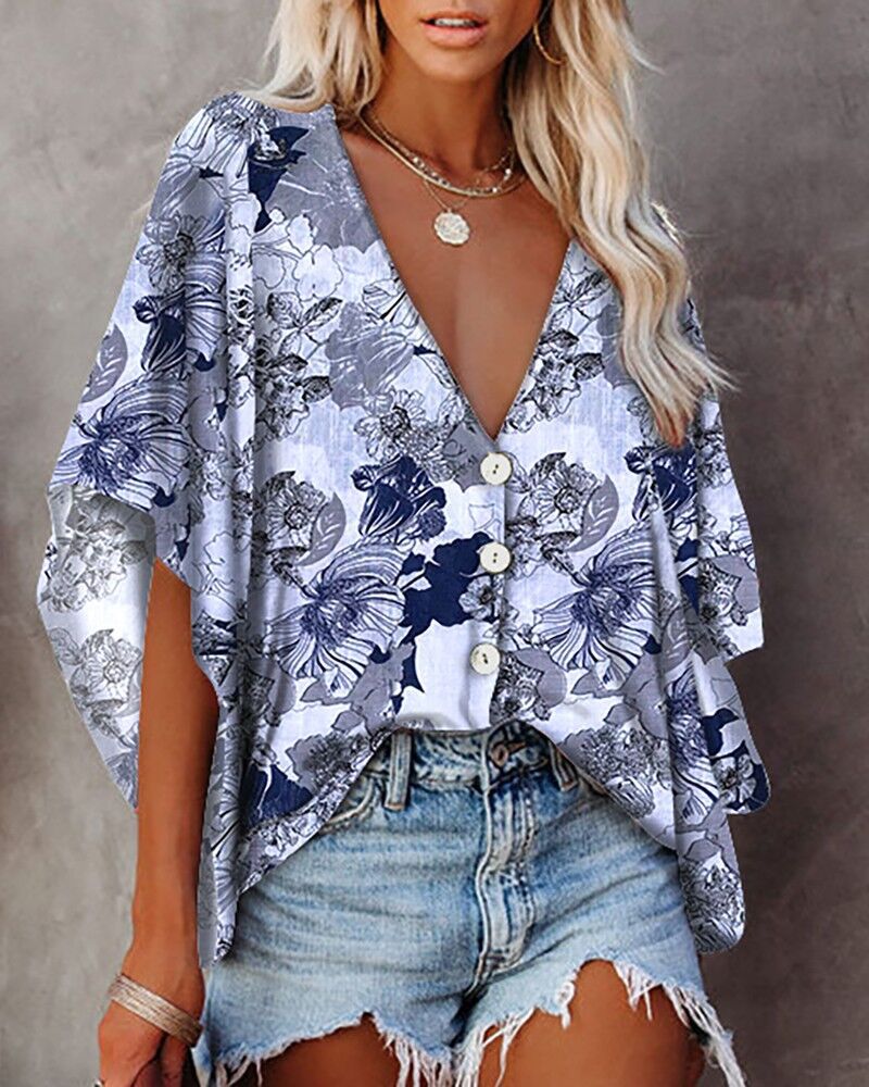 European And American Women's Printed Short Sleeve Shirt Flowers