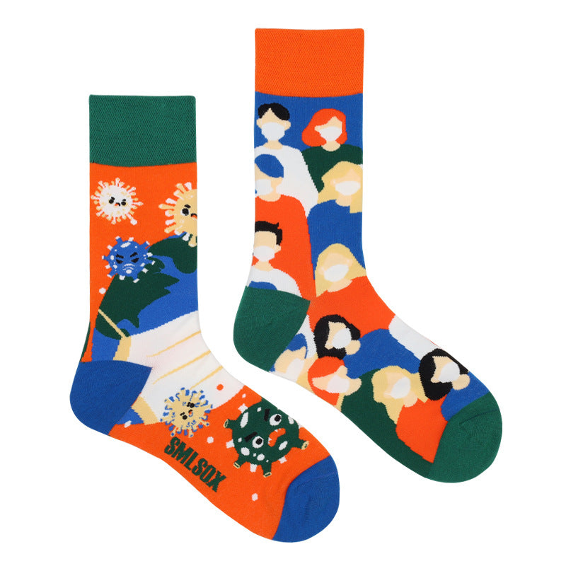 Asymmetrical Color Retro Personality Male And Female Couple Mid-length Cotton Socks