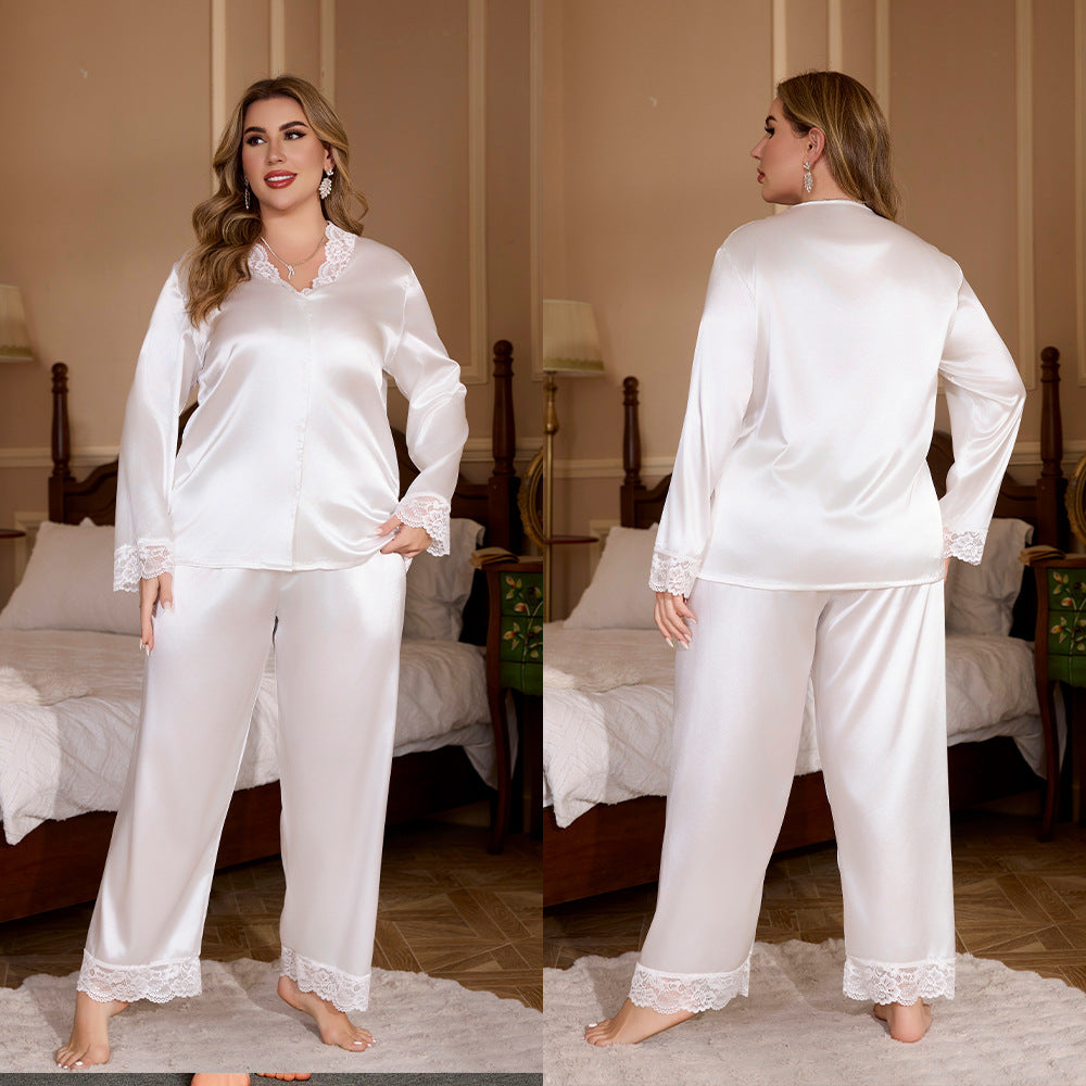 Ice Silk Plus-Size Lace-trimmed Long-Sleeve Pantsuit For Women