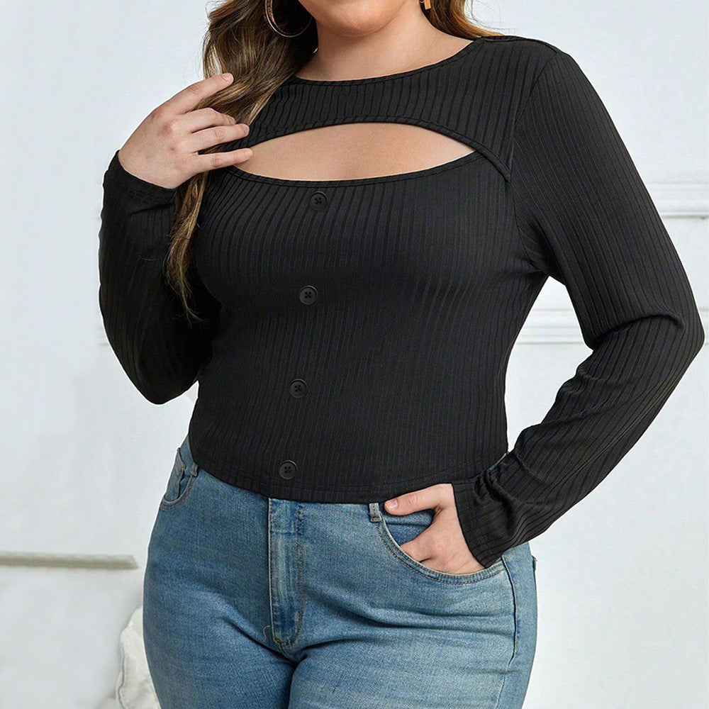 Women's Slim Fit Round Neck Sexy Hollow Long Sleeve Versatile Top