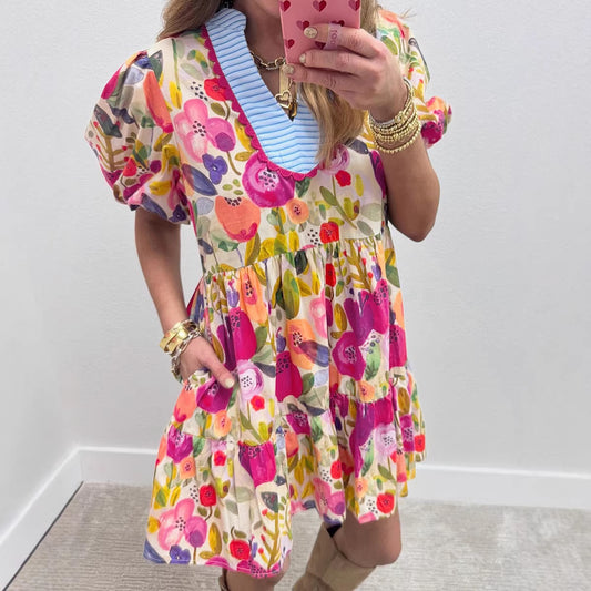 Versatile Floral Print Striped Trim Dress For Women