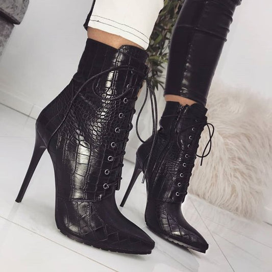 Snake Print Lace-up Sexy Pointed-toe Women's Boots