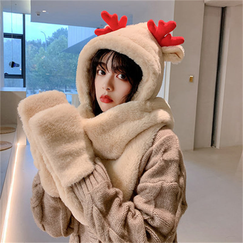 Women's Christmas Antlers Cute All-match Gloves Scarf Hat