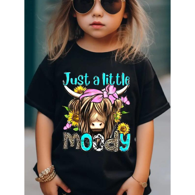 Girls' Cotton T-shirt With Cow Head Pattern Print