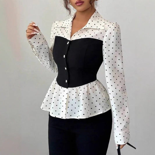 Women's Fashion Polka Dot Fake Two-piece Long Sleeve Shirt