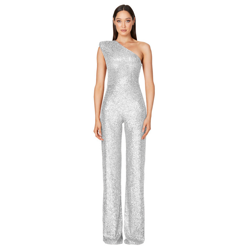 Sleeveless One-shoulder Fashion High Waist Design Sequined Jumpsuit