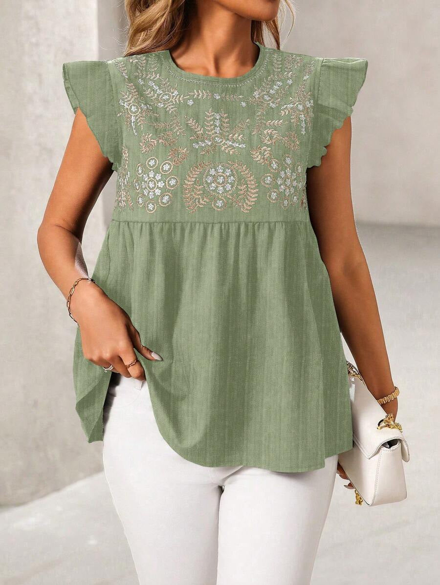 Ethnic Style Embroidered Straight Shoulder Flutter Sleeve Fashion Casual Short Shirt