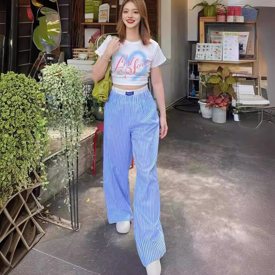 Vertical Stripes Stitching Waist Elastic Wide Leg Pants Fake Two Pieces