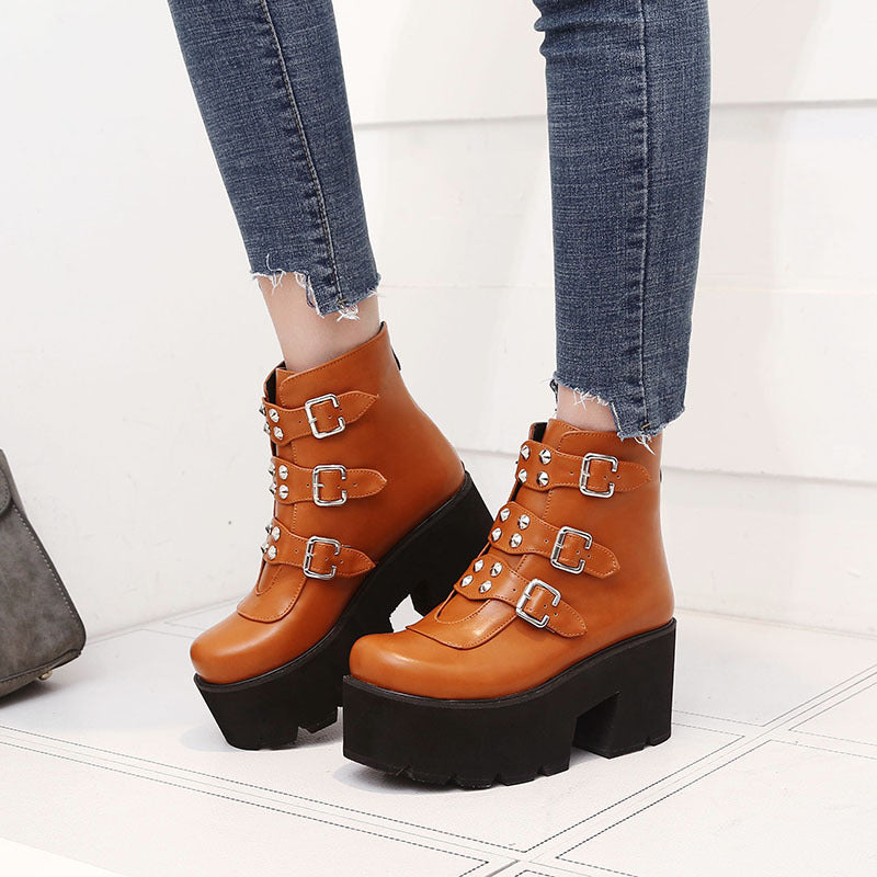 Belt Buckle Side Zipper High Heel Stage Boots Platform Shoes