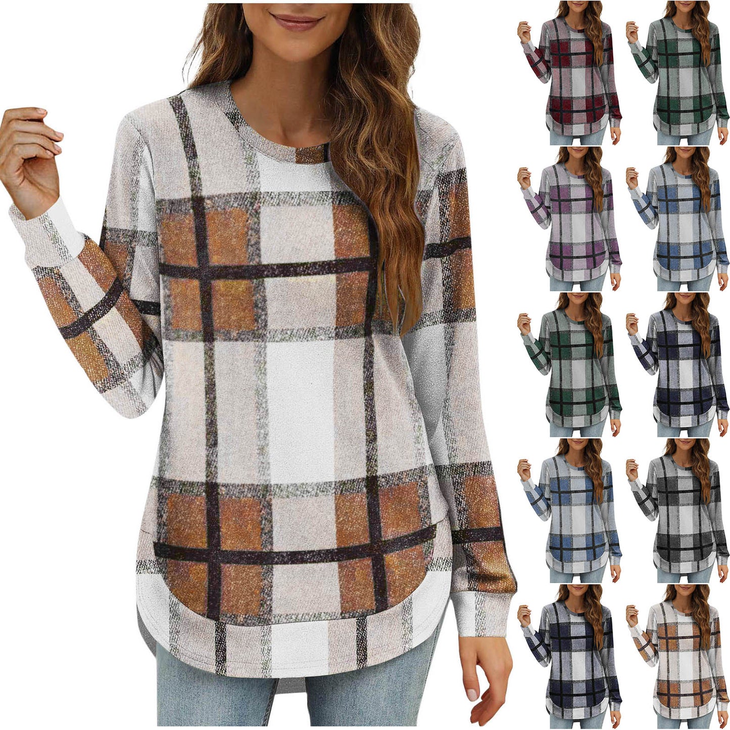 Women's Casual Loose Plaid Long Sleeve Round Neck Irregular Bottoming Shirt Top