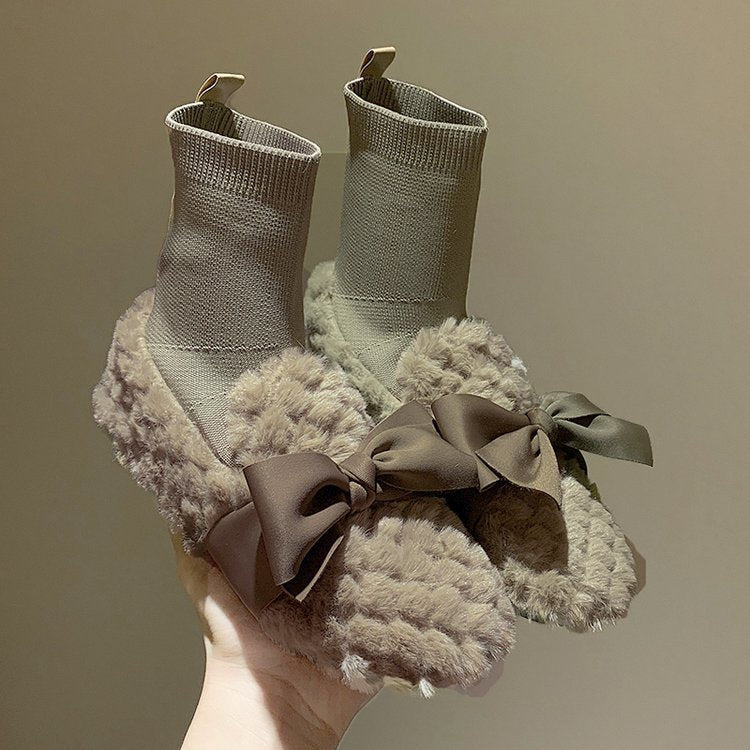 Women's Plush Shoes Autumn And Winter Bow And Velvet